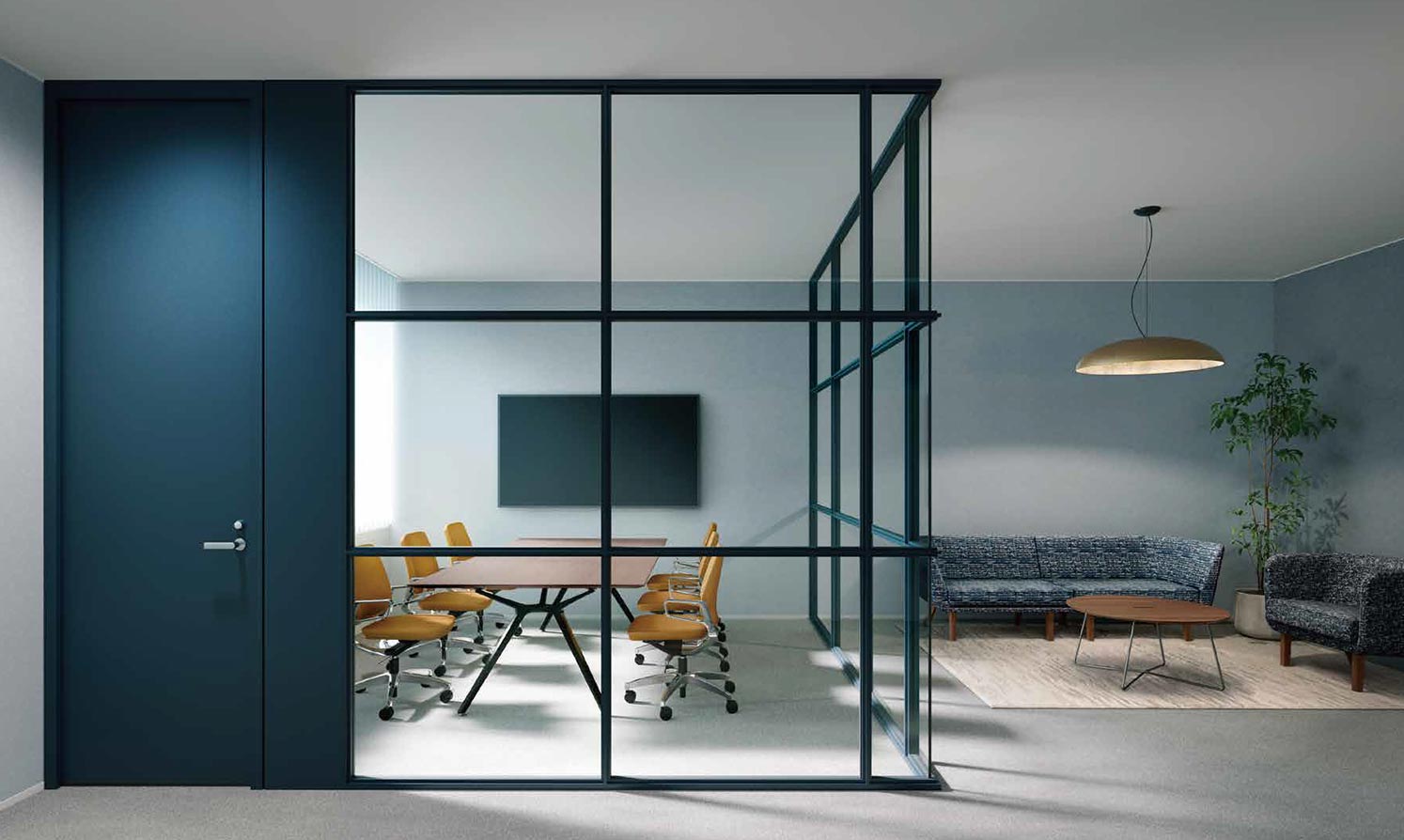 パーティション ダークブルーを基調としたオフィスデザイン
