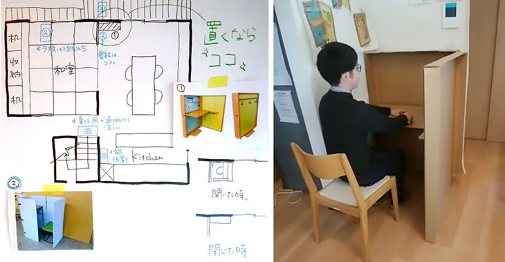 モックアップはダンボールを使用して実物大に組み上げ、動きも再現