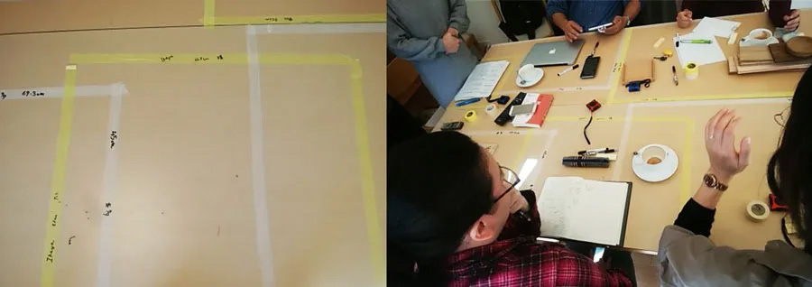 最低限必要なデスクの大きさを検証する様子。参加者それぞれがテープで面積を示した