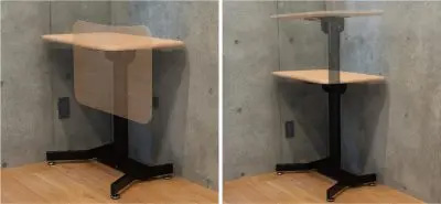 レバーを引くだけの簡単操作で、デスクの高さや角度を調節できる