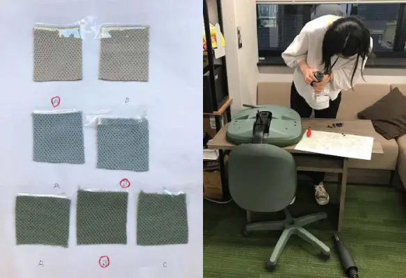 張地の色調整とパーツの組立検証の様子 張地の色調整とパーツの組立検証の様子