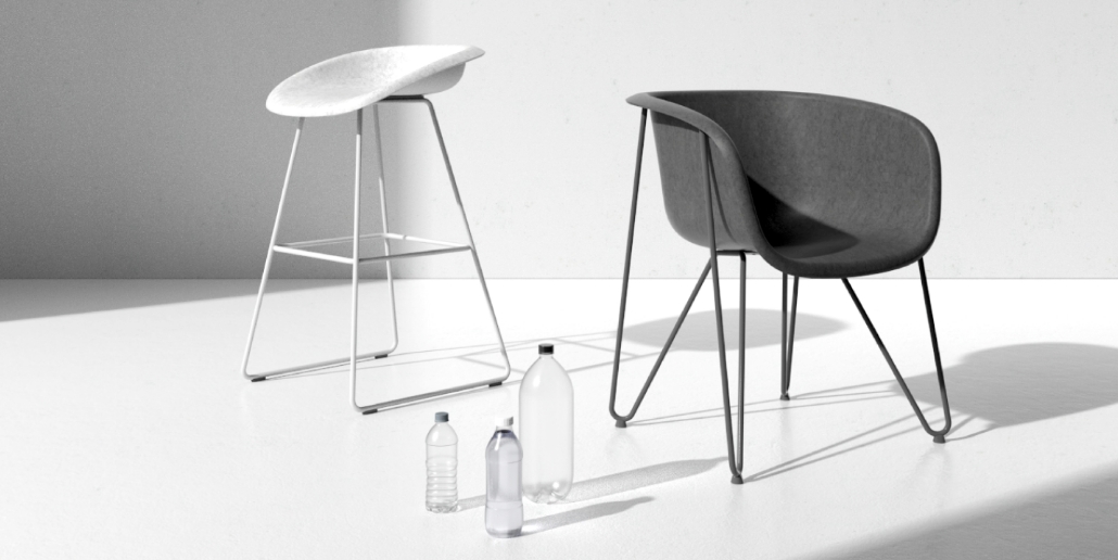 使用済みのペットボトルを繊維化しフェルトのようにつむぎ、スタイリッシュなフォルムに仕上げたチェア「リフェルト」