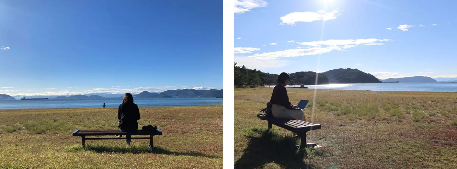 ホテルの前の芝生にあるベンチで ホテルの前の芝生にあるベンチで